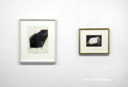 (1) River Bed (1978) Pastel et graphite sur papier 35,4 x 19,8 cm (2) Lying Figure (c. 1963) huile sur massonite 15,2 x 19,8 cm, Betty Goodwin, Vue de l’exposition (2009) Photo: Richard-Max Tremblay