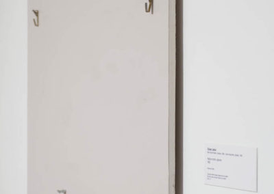 Mathieu Grenier, Au-delà des signes (Ozias Leduc, Nature morte, oignons rouge, 1892), 2015, prélèvement de mur et cartel d’exposition